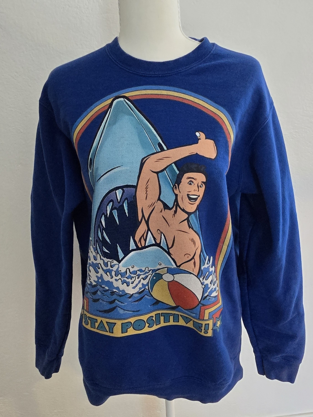 Retro Steven Rhodes Stay Positive blue sweatshirt Shark attack Unisex